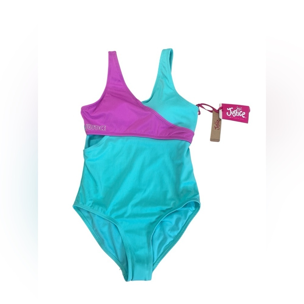 Justice Teal Purple Ribbed Cutout One Piece Swimsuit Girl’s size L(12-14) New